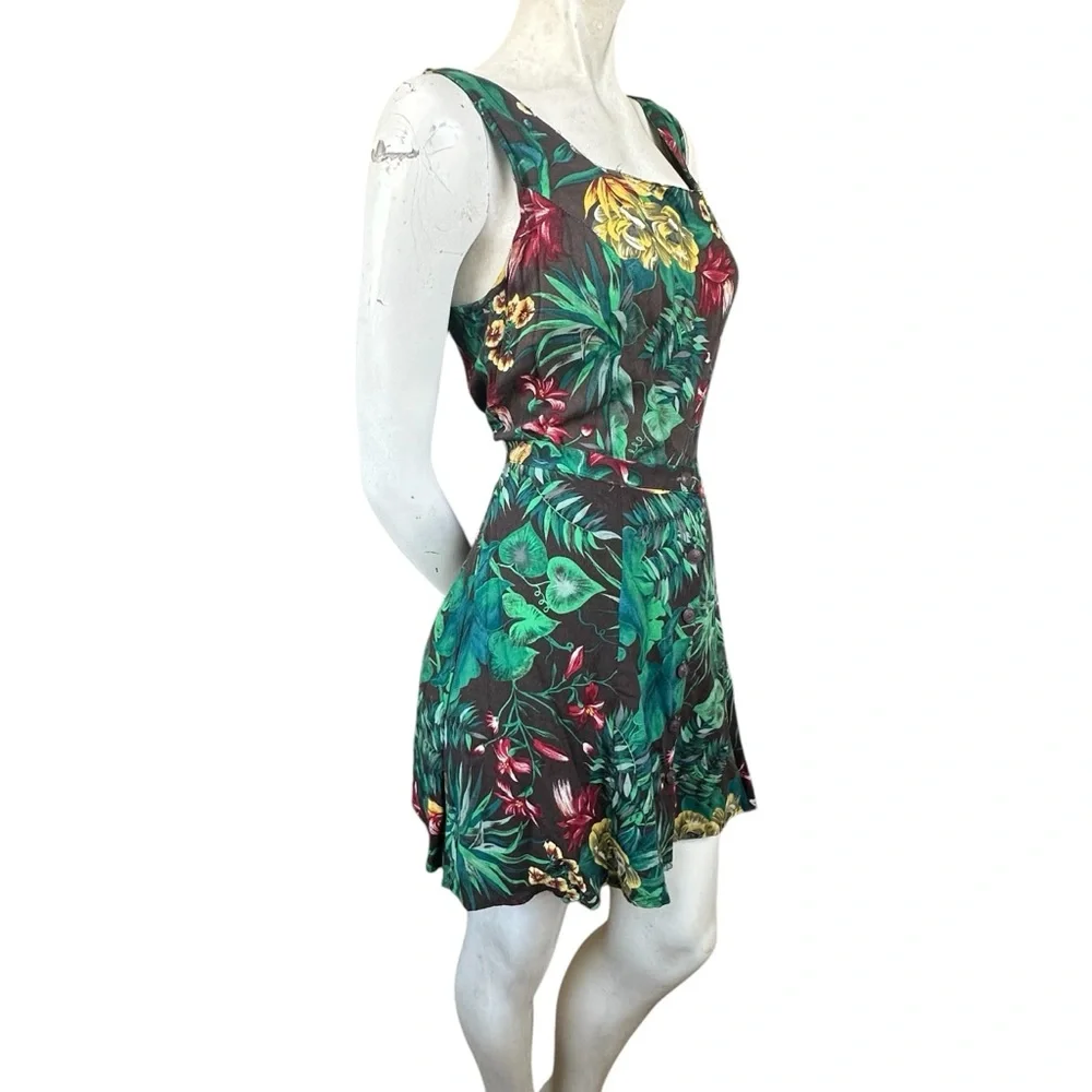 Vintage 90s Tropical Palm Leaf Print Romper Button Down Skirt Front Detail 13/14 - Picture 6 of 13